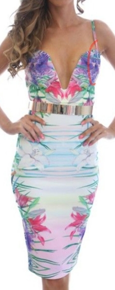 NWT Tropical V Plunge Neck Bodycon Midi Dress - Picture 3 of 10